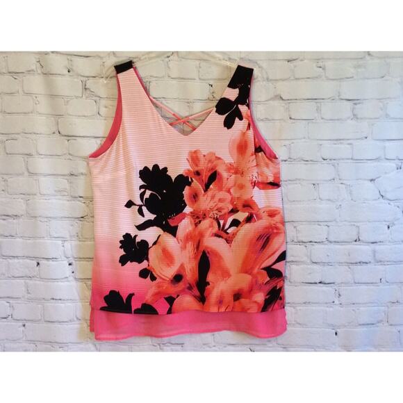 Worthington Woman’s Size PXL Pink Black Floral Sheer Layered Tank/TunIc/Blouse - Picture 1 of 7